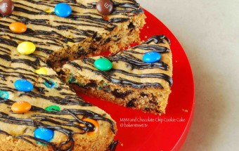 M&M and Chocolate Chip Cookie Cake